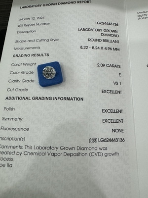 Mua 2.09CT E VS1 3EX CVD cắt tròn kim cương trưởng thành Giấy chứng nhận IGI LG624443136 online manufacture