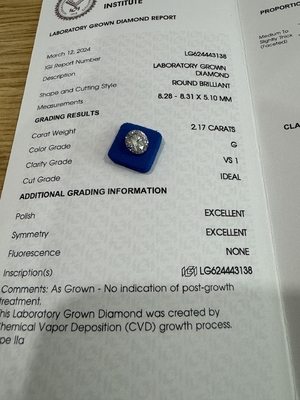 Mua 2.17CT G VS1 3EX CVD Lab tạo kim cương cắt tròn Giấy chứng nhận IGI LG624443138 online manufacture
