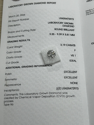 Mua 3.19CT F VS1 3EX Phòng thí nghiệm phát triển CVD Kim cương cắt tròn Giấy chứng nhận IGI LG626472973 online manufacture
