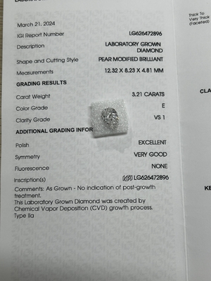Mua 3.21CT E VS1 EX VG CVD Phòng thí nghiệm trưởng thành kim cương Pear Brillant Cut IGI chứng nhận online manufacture