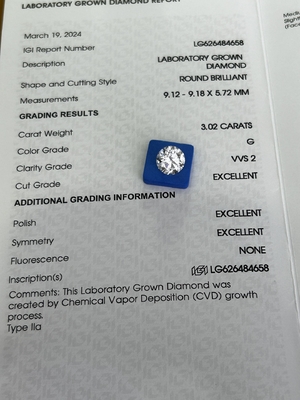 Mua 3.02ct CVD Phòng thí nghiệm trưởng thành kim cương cắt tròn G VVS2 3EX N IGI chứng nhận online manufacture