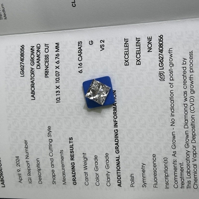 Mua 6.16 carat G VS2 2EX CVD Princess Cut Lab tạo kim cương IGI chứng nhận online manufacture