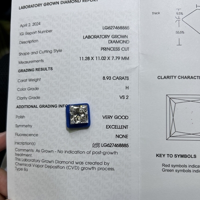 Mua 8.93CT H Màu sắc VS2 Độ rõ ràng 2EX CVD Phòng thí nghiệm trưởng thành Princess Cut Diamond online manufacture