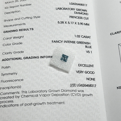 Mua 1.02CT Fancy Intense Greenish Blue VS1 EX VG CVD Phòng thí nghiệm trưởng thành Diamond Princess Cut IGI chứng nhận online manufacture