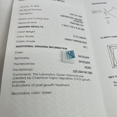 Mua 3.12CT Fancy Intense Blue Lab Made Diamonds VS1 2EX CVD Princess Cut online manufacture