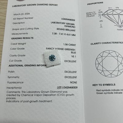 Mua 1.56ct Phong cách Intense Greenish Blue Lab trưởng thành Kim cương cắt tròn CVD FVS1 3EX N IGI online manufacture
