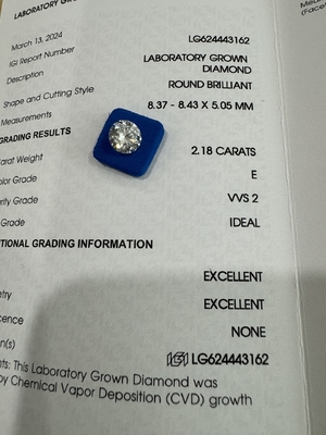 2.18CT E VVS1 ID EX CVD Kim cương tổng hợp tròn cắt rực