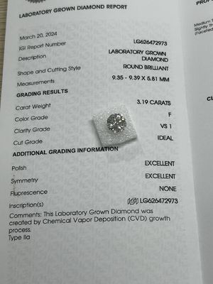 3.19CT F VS1 3EX Phòng thí nghiệm phát triển CVD Kim cương cắt tròn Giấy chứng nhận IGI LG626472973
