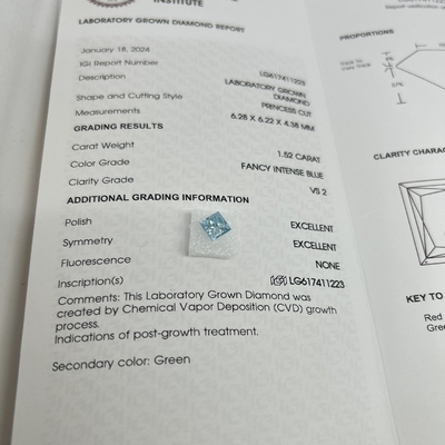 1.52CT Fancy Intense Blue VS2 2EX CVD Lab trưởng thành Diamond Princess Shape OEM ODM