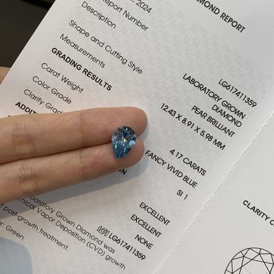 Fancy VIVID BLUE Pear Cut Lab Grow Diamonds 4.17 Carat SI1 OEM ODM