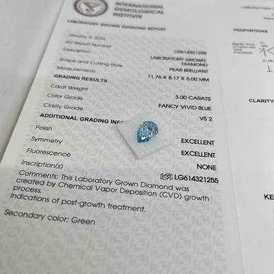 3 carat Lab trưởng thành kim cương Fancy VIVID Blue Pear cắt VS2