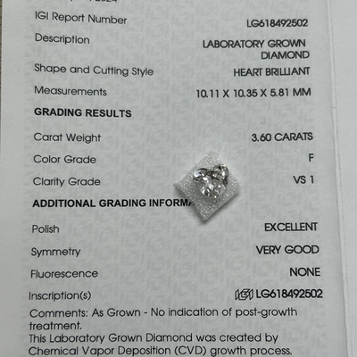 3.6ct Phòng thí nghiệm làm kim cương Trái tim sắc nét cắt CVD F VS1 2EX N IGI LG618492502