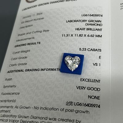 5.23ct trưởng thành Brilliance Kim cương cắt tim CVD E Màu sắc VS1 Độ rõ ràng 2EX N IGI