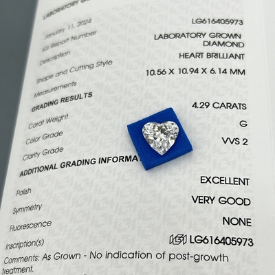 4.29ct Kim cương phát triển trong phòng thí nghiệm cắt tim CVD G Màu VVS2 2EX N IGI