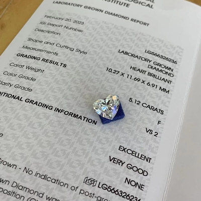 5.12ct Heart Lab trưởng thành kim cương CVD F VS2 2EX N IGI LG566326236