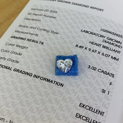 3.02ct Phòng thí nghiệm trưởng thành hình trái tim kim cương CVD F SI1 2EX N IGI LG566326237