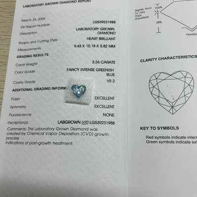 3.26ct CVD Trái tim hình phòng thí nghiệm kim cương ưa thích màu xanh lục VS2 2EX N