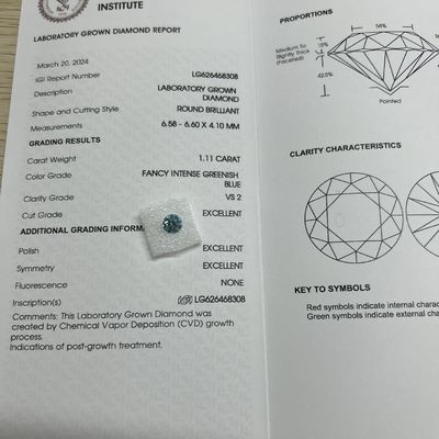 Carat 1.11ct Clarity VS2 Phòng thí nghiệm tạo ra Blue Diamond Round Shape